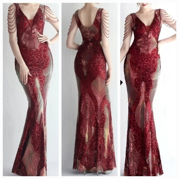 WIne Red, Floral, Sleeveless,  Round Back, V Neck,  Sequined Mermaid Gown - Picture 2 of 16